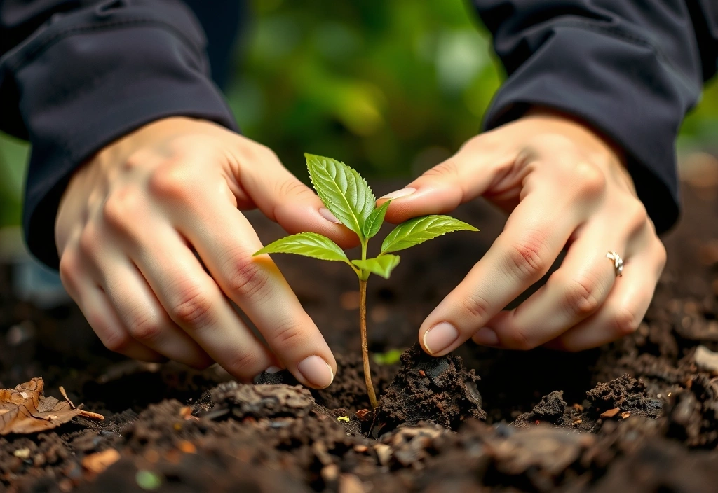 Hands planting a seedling in fertile soil, symbolizing environmental impact