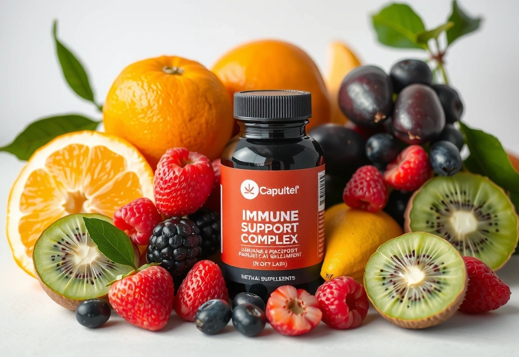 Immune Support Complex bottle with colorful fruits