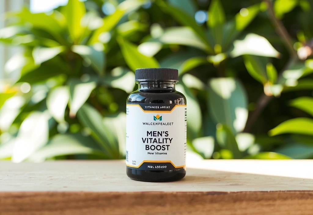 Men's Vitality Boost Vitamin bottle with natural background
