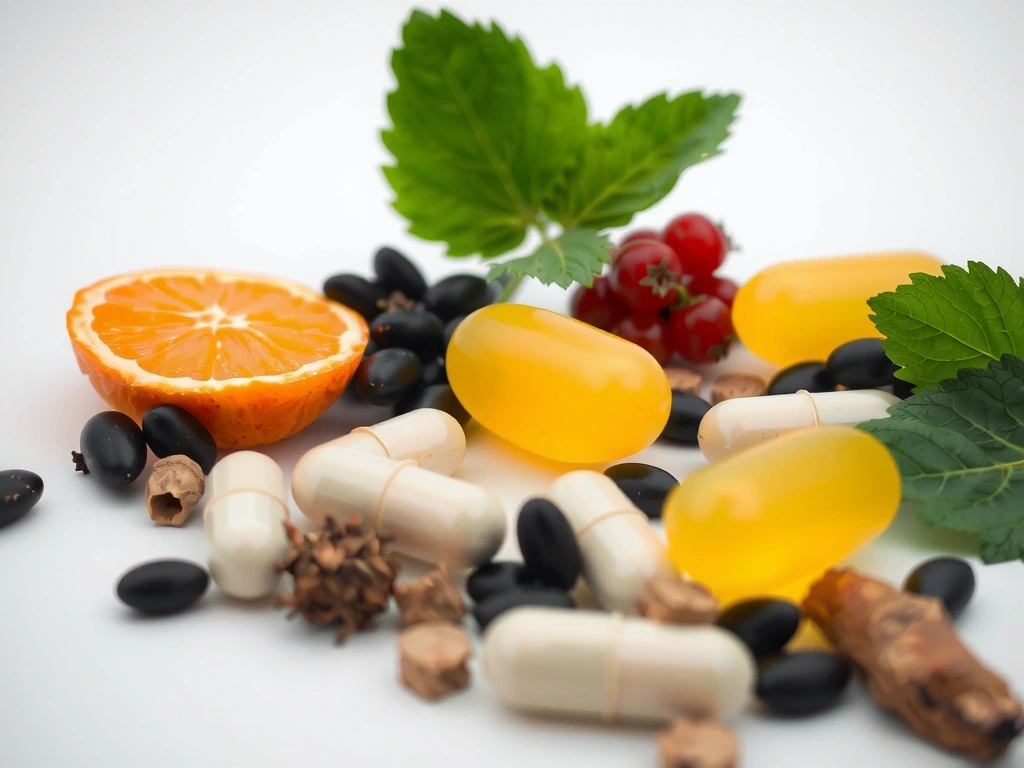 Close-up of natural vitamin capsules and ingredients