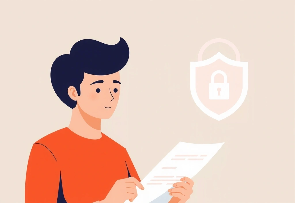 A person reading legal documents with a secure lock icon, symbolizing protection and understanding terms